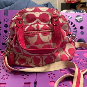 COACH Pink POPPY SIGNATURE LUREX C OUTLINE SATCHEL BAG PURSE